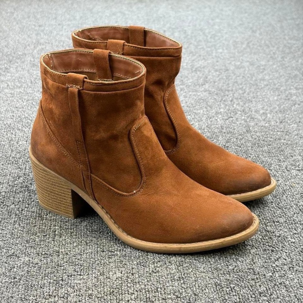Women's Tan Suede Qupid Round Pointed Toe Western Ankle Boots Size 7‎